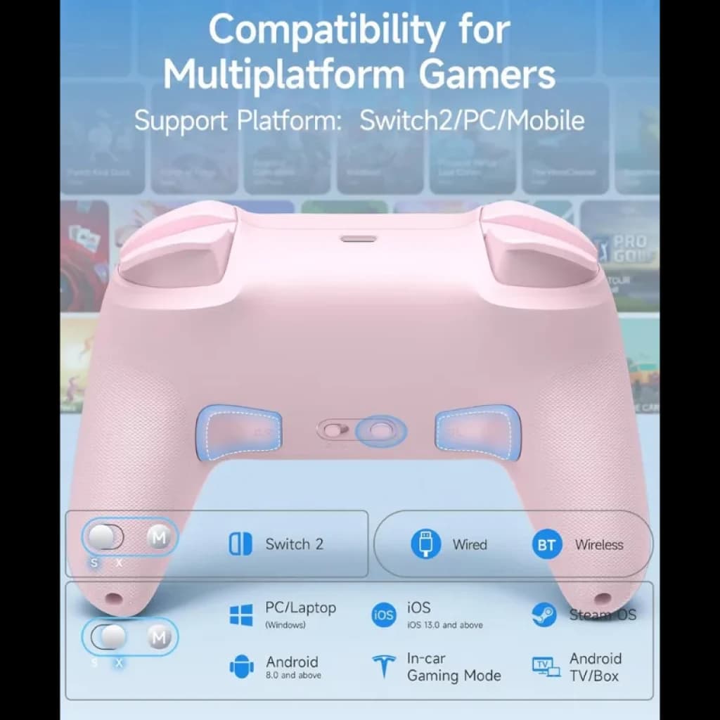 EasySMX S10C Rose manette sans fil rose pastel, grips texturés, boutons rétroéclairés, compatible Switch PC mobile Android iOS, USB-C et Bluetooth