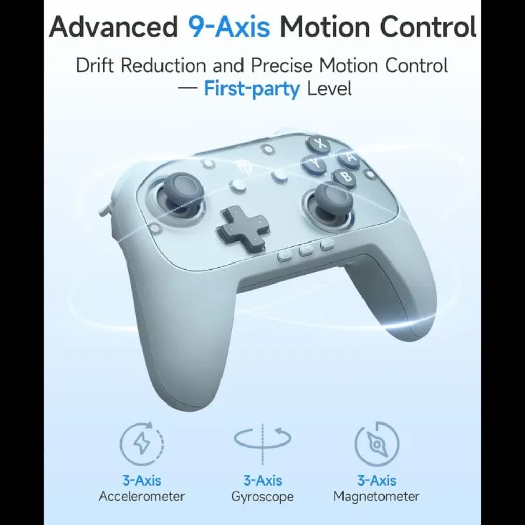 EasySMX S10 Lite Bleu – Manette grise translucide avec sticks asymétriques, croix directionnelle, boutons A/B/X/Y, gâchettes et LED ; design ergonomique