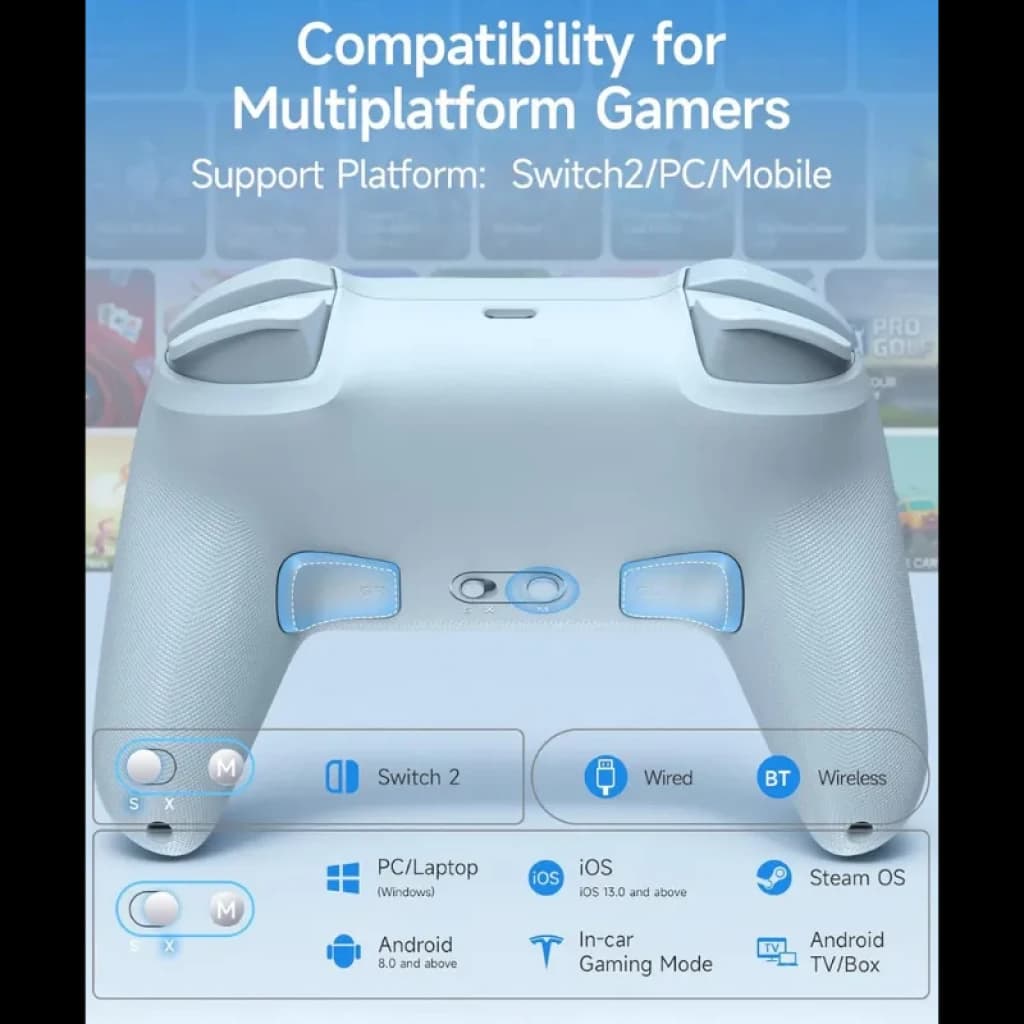EasySMX S10C Bleu, manette bleu clair avec grips texturés, boutons rétroéclairés, connectivité BT et filaire, compatible Switch, PC et mobile