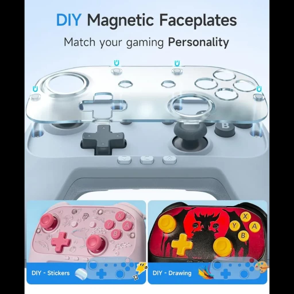 EasySMX S10C Bleu avec faceplate magnétique transparente DIY, boutons ABXY jaunes, sticks gris, croix noire, options stickers et dessin pour personnalisation