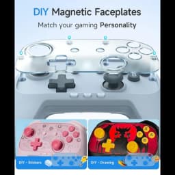 EasySMX S10C Bleu avec faceplate magnétique transparente DIY, boutons ABXY jaunes, sticks gris, croix noire, options stickers et dessin pour personnalisation