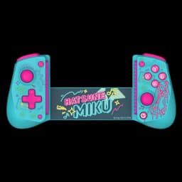 GameSir X5S Hatsune Miku manette turquoise et rose, joysticks et D-pad roses, boutons A B X Y, motifs néon Miku et notes musicales, grip extensible