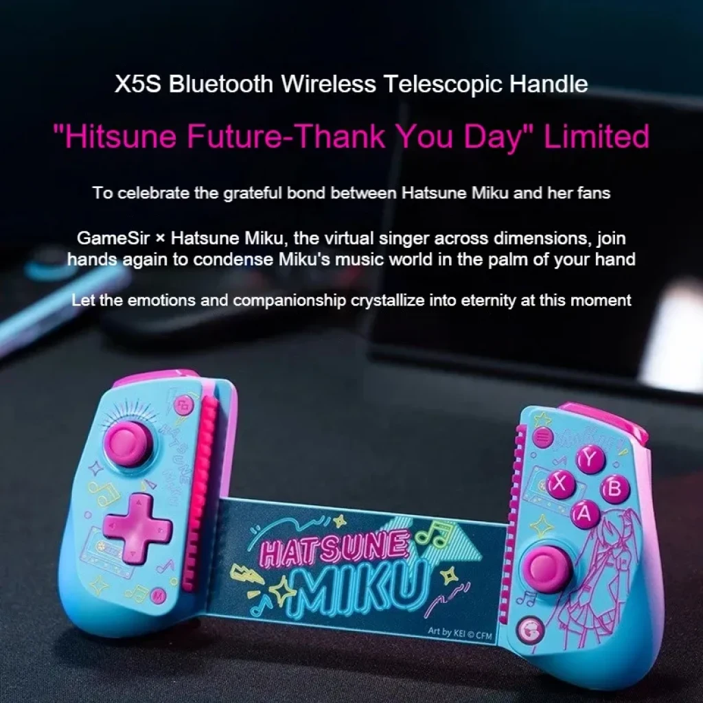 GameSir X5S Hatsune Miku manette turquoise et rose, joysticks et D-pad roses, boutons A B X Y, motifs néon Miku et notes musicales, grip extensible - Ítem1