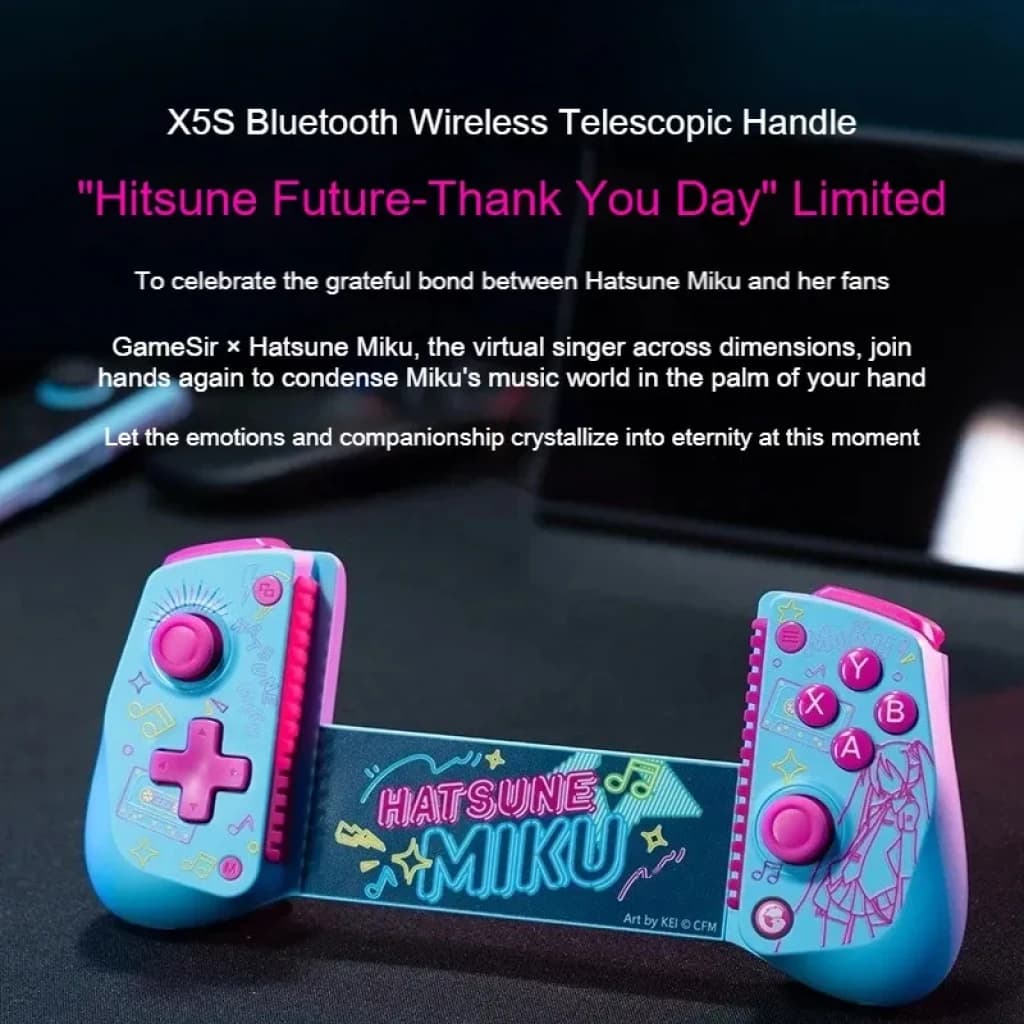GameSir X5S Hatsune Miku manette télescopique Bluetooth rose et bleu, boutons en forme de coeur, motifs Miku, support extensible pour smartphone et Switch