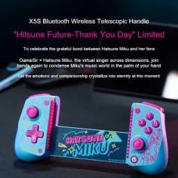 GameSir X5S Hatsune Miku manette télescopique Bluetooth rose et bleu, boutons en forme de coeur, motifs Miku, support extensible pour smartphone et Switch