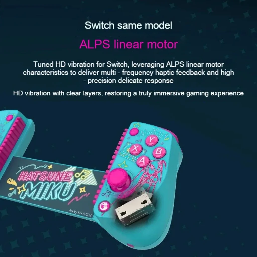 GameSir X5S Hatsune Miku manette turquoise et rose, joysticks et D-pad roses, boutons A B X Y, motifs néon Miku et notes musicales, grip extensible - Ítem2