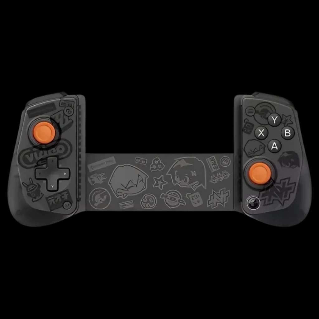 GameSir X5S Zenless Zone Zero Preto: comando móvel preto com dois módulos, botões ABXY, D-pad, analógicos laranja e ilustrações temáticas na ponte