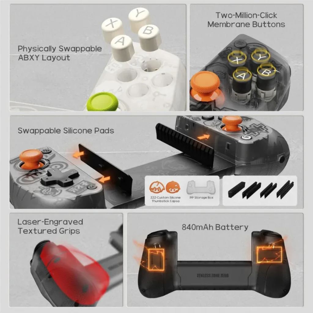 GameSir X5S Zenless Zone Zero Noir, manette télescopique noire avec motifs ZZZ, sticks et touches orange, croix directionnelle et boutons ABXY distincts - Ítem8