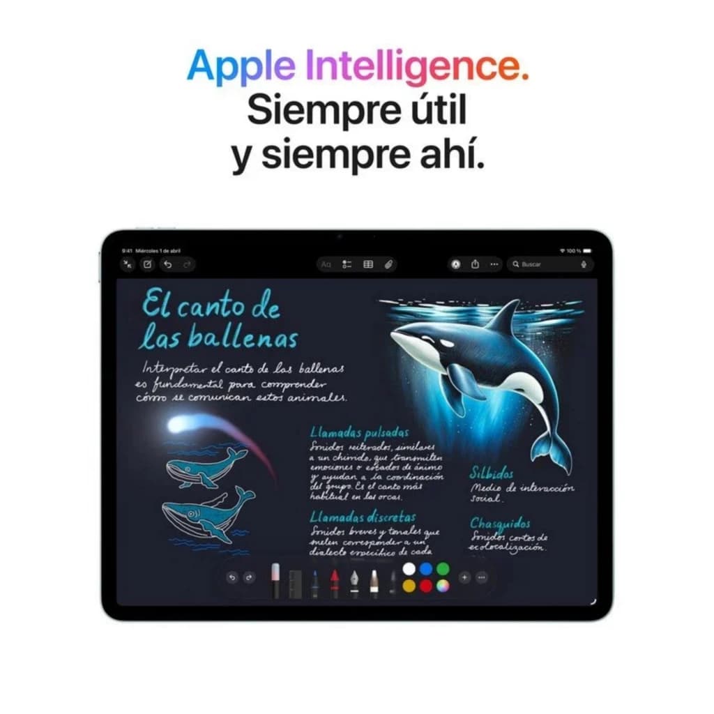 Apple iPad Air M4 2026 de 13 pulgadas en color gris, pantalla amplia con bordes delgados, compatible con stylus para notas y dibujo, interfaz clara y nítida