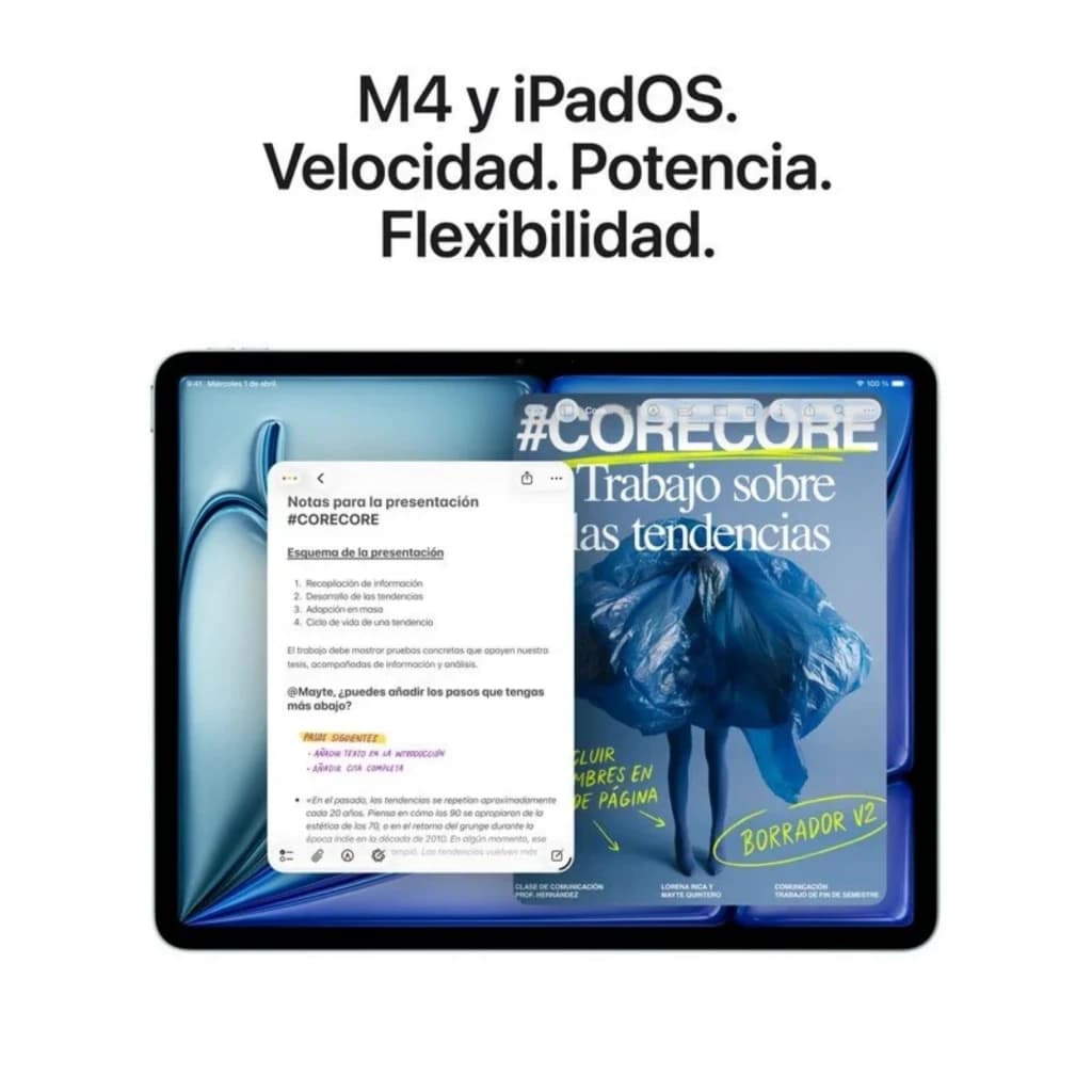 Apple iPad Air M4 13 pulgadas Gris con pantalla amplia, biseles delgados y multitarea en pantalla dividida; diseño delgado y acabado metálico elegante