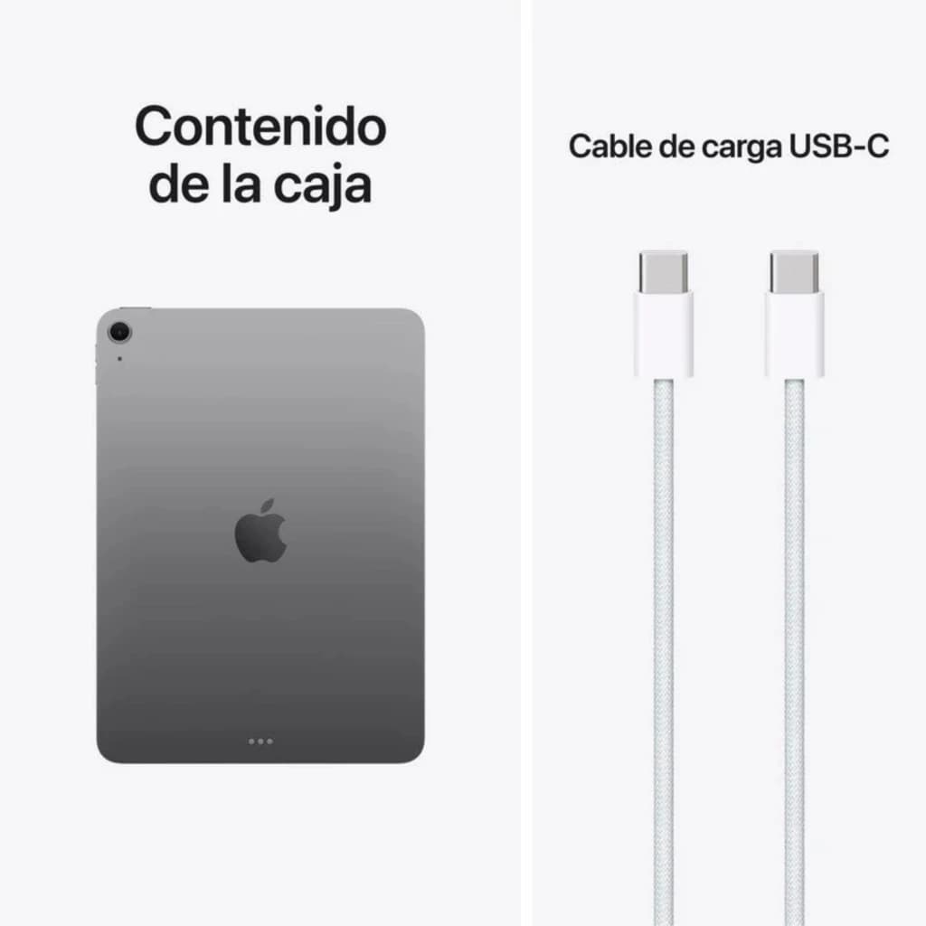 Apple iPad Air M4 13 pulgadas gris con parte trasera lisa y logo Apple; incluye cable de carga USB C trenzado blanco con conectores USB C en ambos extremos