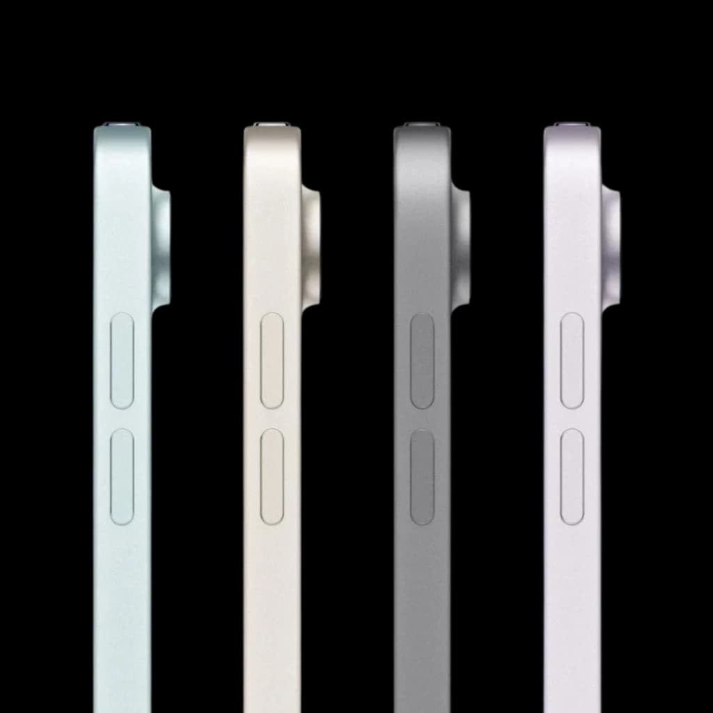 Bordes laterales del Apple iPad Air M4 13 pulgadas Gris con botón y módulo de cámara saliente; acabado metálico sobrio y líneas delgadas y uniformes