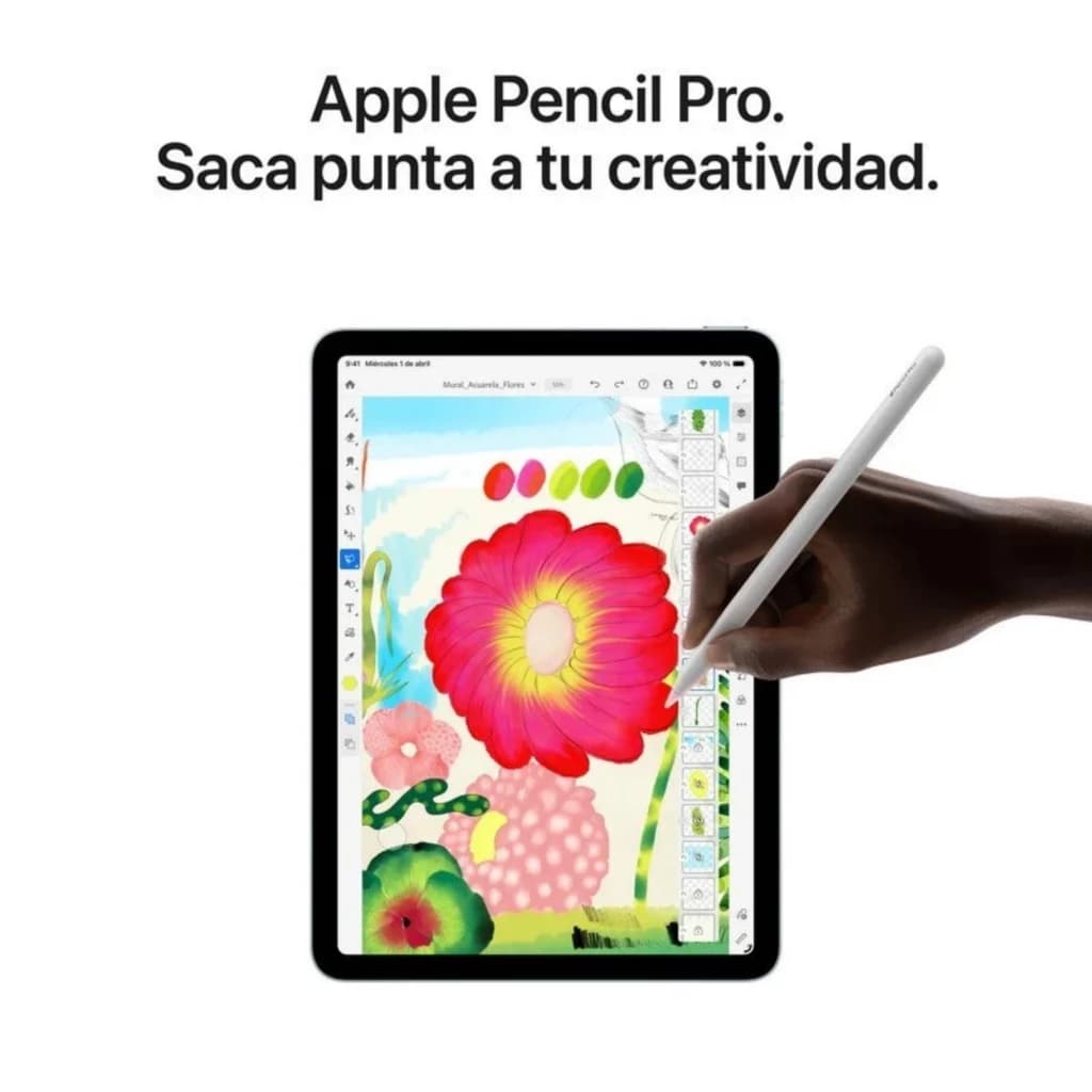 iPad Air M4 13 pulgadas gris con Apple Pencil Pro en uso, pantalla grande con dibujo colorido, bordes delgados y diseño elegante; almacenamiento 1 TB, WiFi