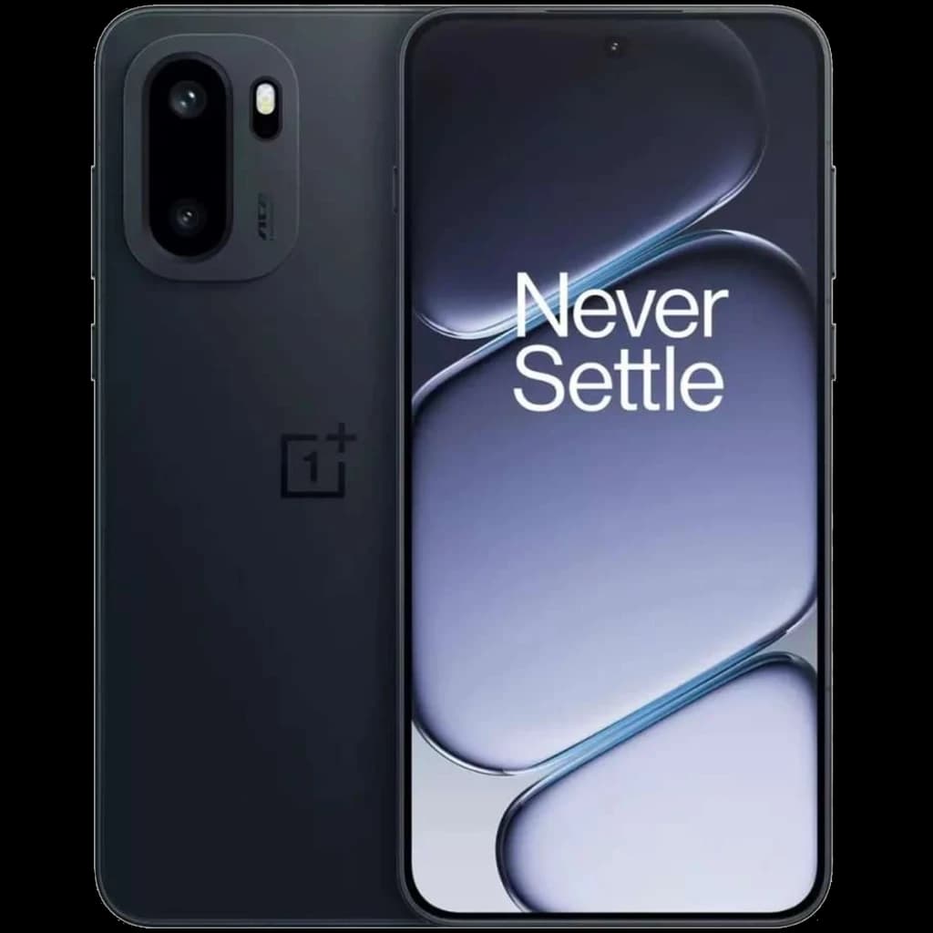 Oneplus Nord 6 5G negro con pantalla borde a borde y cámara trasera dual en módulo ovalado; acabado mate, frontal con lema Never Settle
