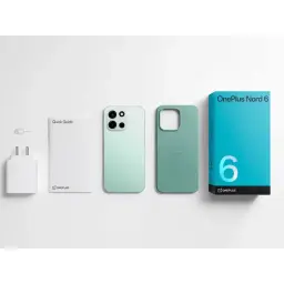 OnePlus Nord 6 5G 256 Go Noir avec boîte bleue, coque verte, guide rapide, adaptateur secteur et outil SIM, module photo 50 MP, écran OLED, 8 Go de RAM