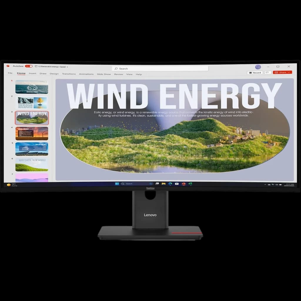 Monitor curvo ultraancho Lenovo ThinkVision T34WD-40 con pantalla WQHD, 120 Hz, biseles finos, soporte ajustable y base con puertos USB-C y USB-A