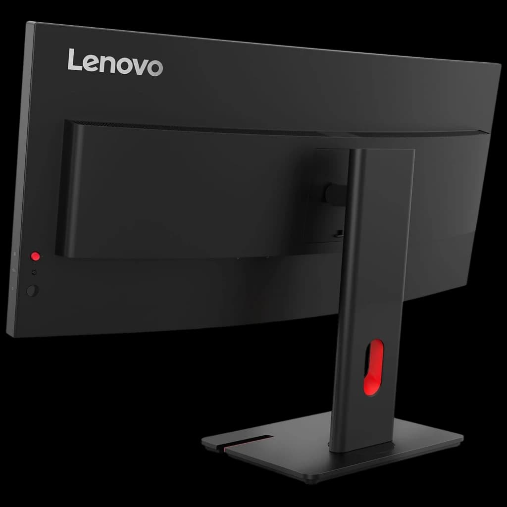Monitor curvo Lenovo ThinkVision T34WD-40 con diseño negro mate, bisel delgado, soporte ajustable robusto y ventilación trasera; acabado premium y minimalista