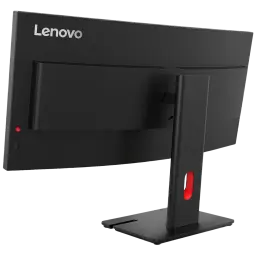 Monitor curvo Lenovo ThinkVision T34WD-40 con diseño negro mate, bisel delgado, soporte ajustable robusto y ventilación trasera; acabado premium y minimalista