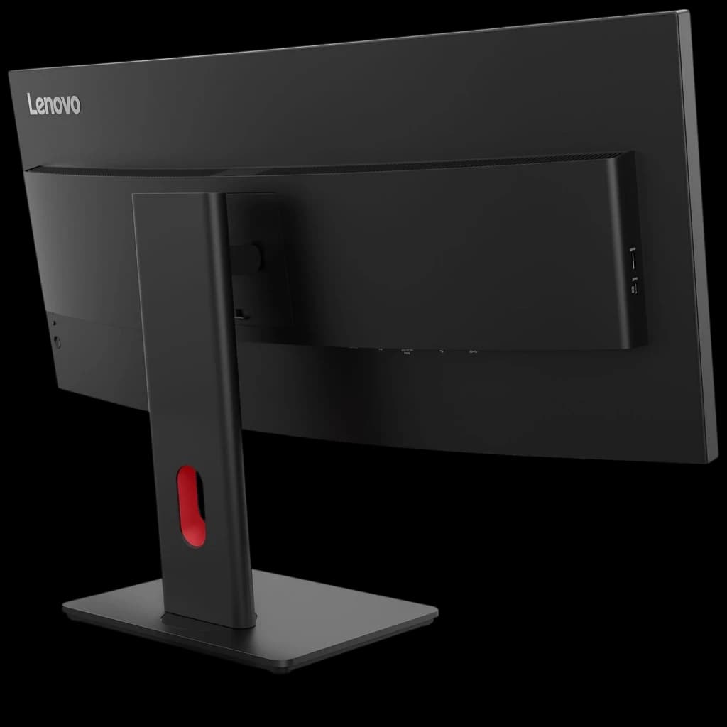 Monitor curvo Lenovo ThinkVision T34WD-40 con soporte ajustable, puerto lateral y gestión de cables; trasera negra minimalista con detalle rojo en el mástil