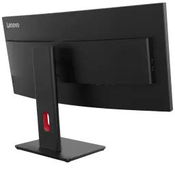 Monitor curvo Lenovo ThinkVision T34WD-40 con soporte ajustable, puerto lateral y gestión de cables; trasera negra minimalista con detalle rojo en el mástil