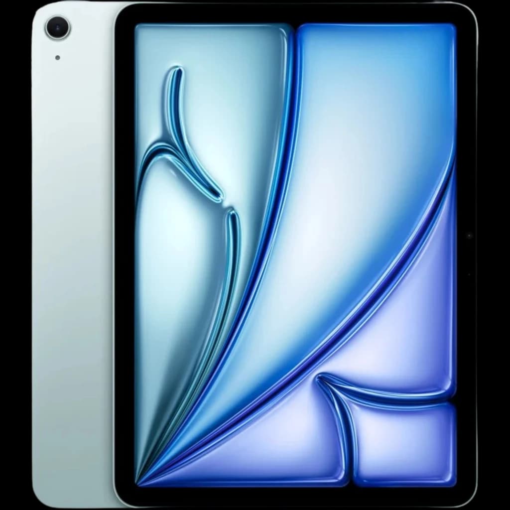 Apple iPad Air M4 11 pulgadas azul con pantalla casi sin bordes, cámara trasera única en esquina superior izquierda y acabado metálico elegante