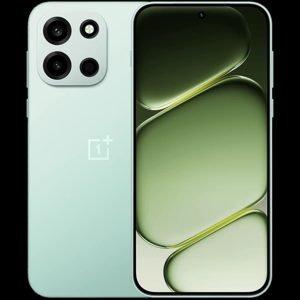 Oneplus Nord 6 5G verde menta con pantalla OLED borde a borde, agujero central y triple cámara trasera de 50 Mpx; logo OnePlus centrado en la trasera