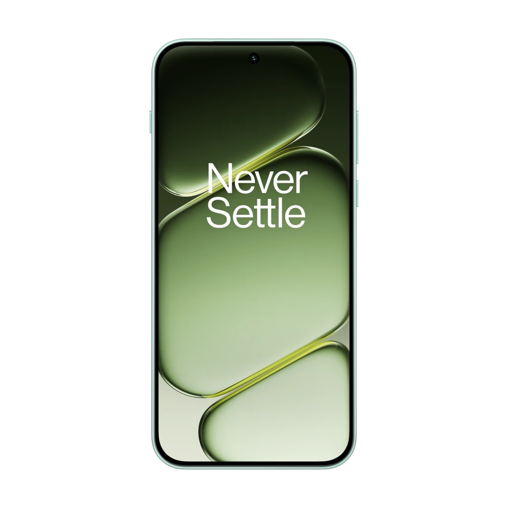 OnePlus Nord 6 5G verde menta com tela ampla curva, câmera tripla destacada em módulo quadrado, logotipo OnePlus ao centro e bordas finas na frente - Item1