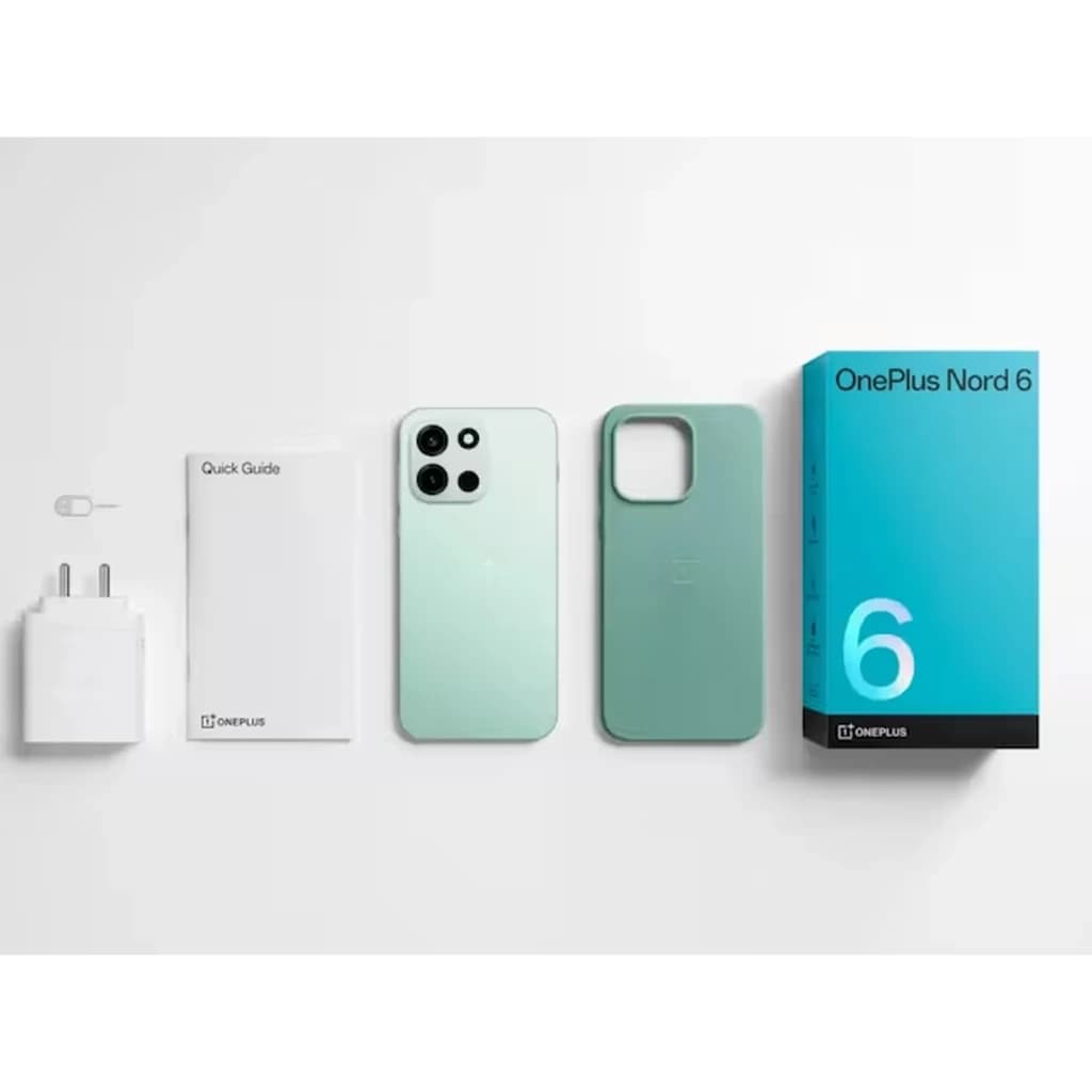 OnePlus Nord 6 5G verde con triple cámara trasera, funda a juego, cargador, pin SIM y guía rápida junto a caja azul con número 6 destacado