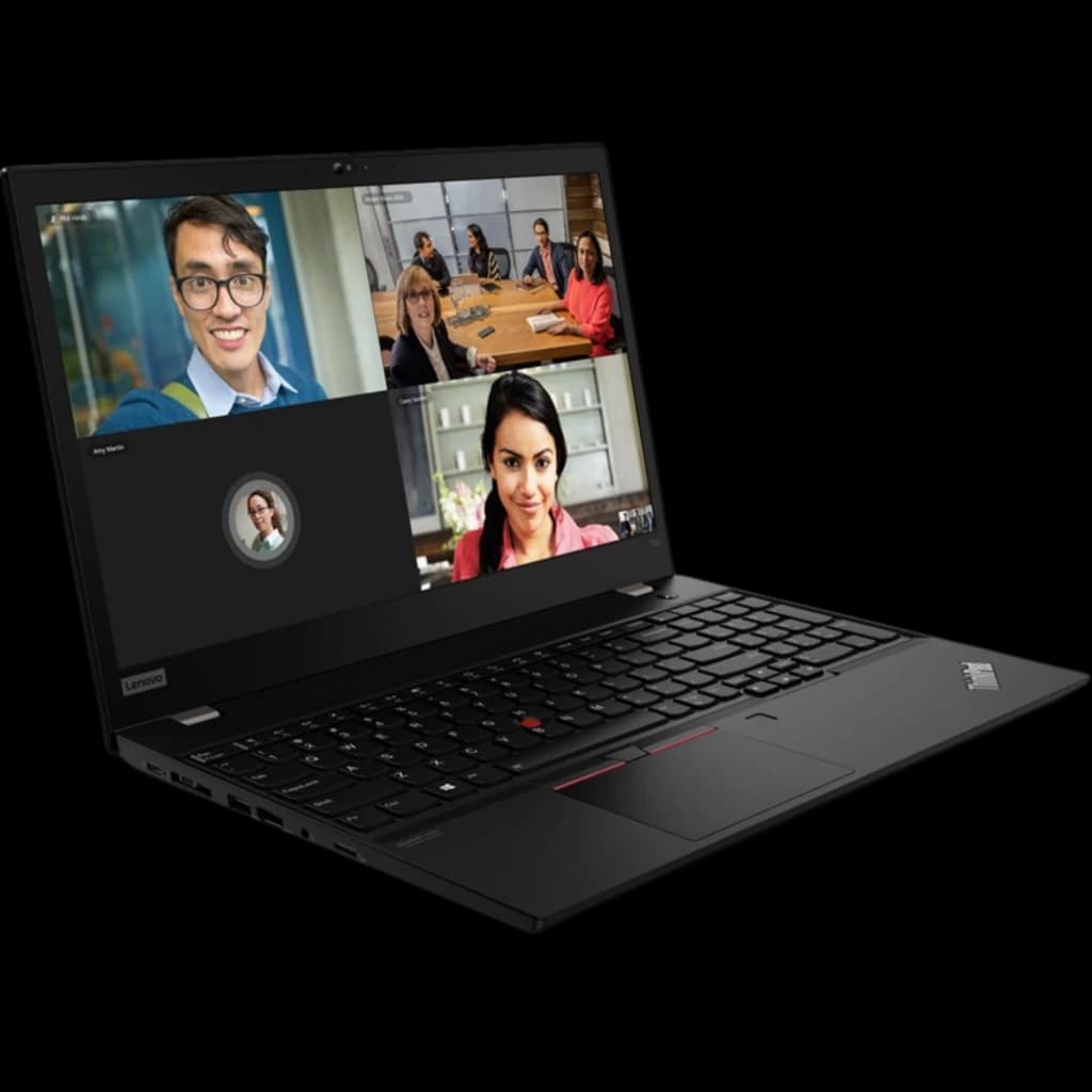 Notebook Lenovo Thinkpad T15 Gen 1 15,5 pol preto, tela ampla, teclado QWERTZ com trackpoint vermelho, webcam ativa em videoconferência, estado renovado