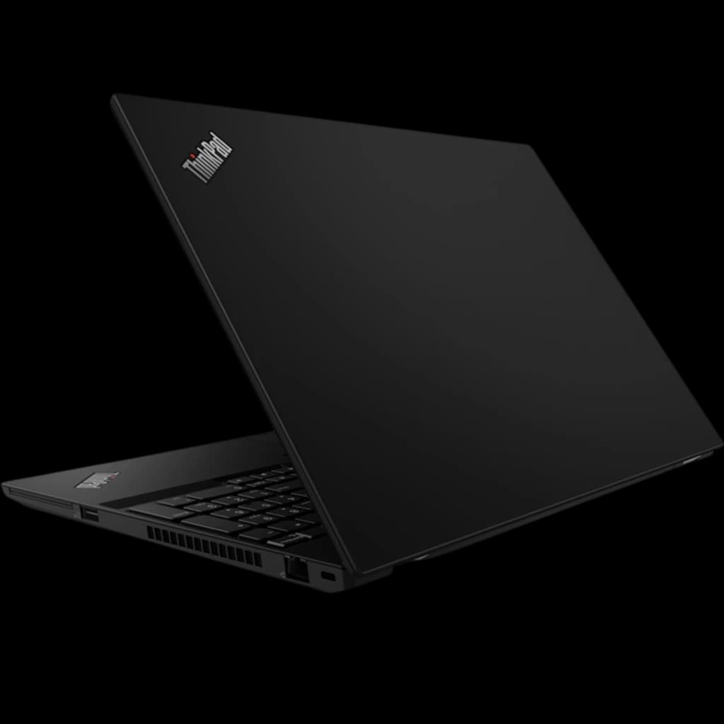 Lenovo Thinkpad T15 Gen 1 preto fosco semiaberto, design fino, tampa com logo ThinkPad, teclado QWERTZ visível e portas laterais destacadas