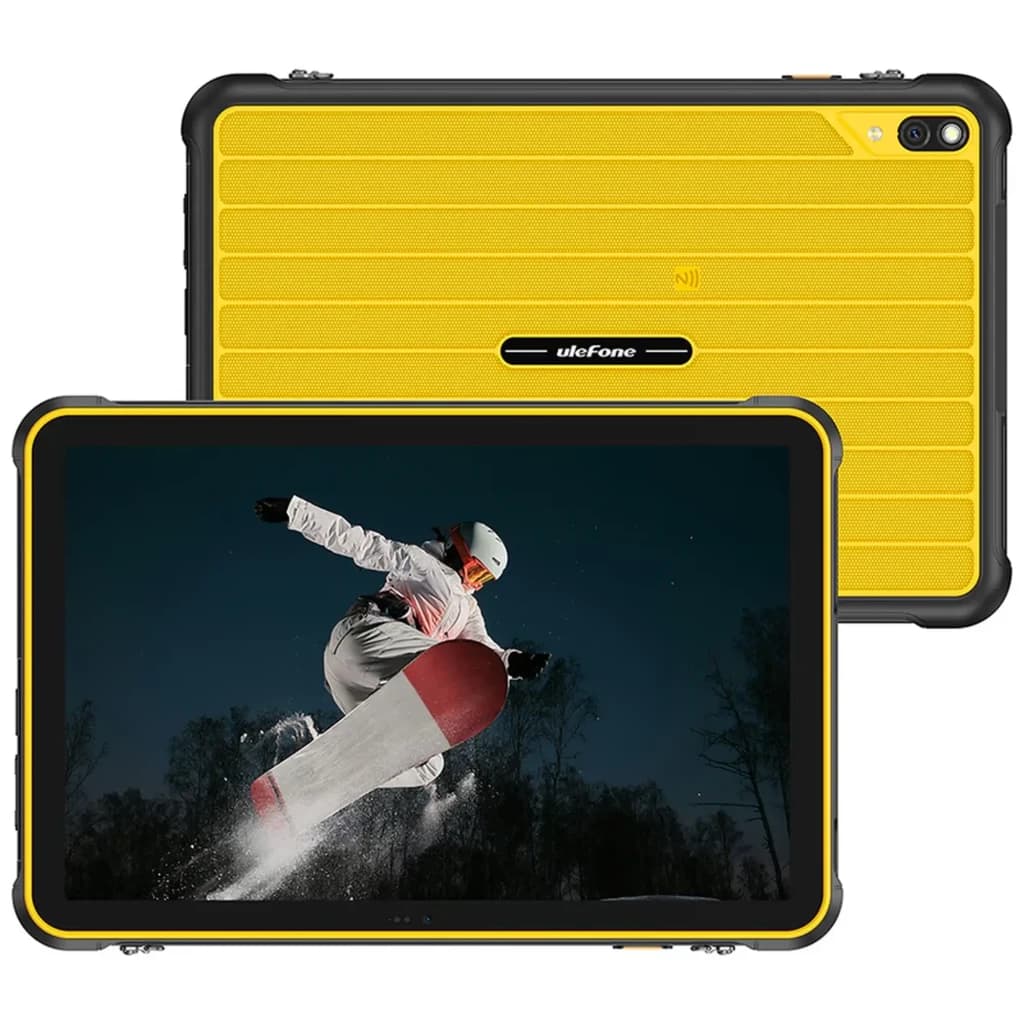Ulefone RugKing Pad 2 Pro jaune robuste, coque rainurée antichoc, bords renforcés, double caméra arrière avec flash, écran large affichant sport d’hiver