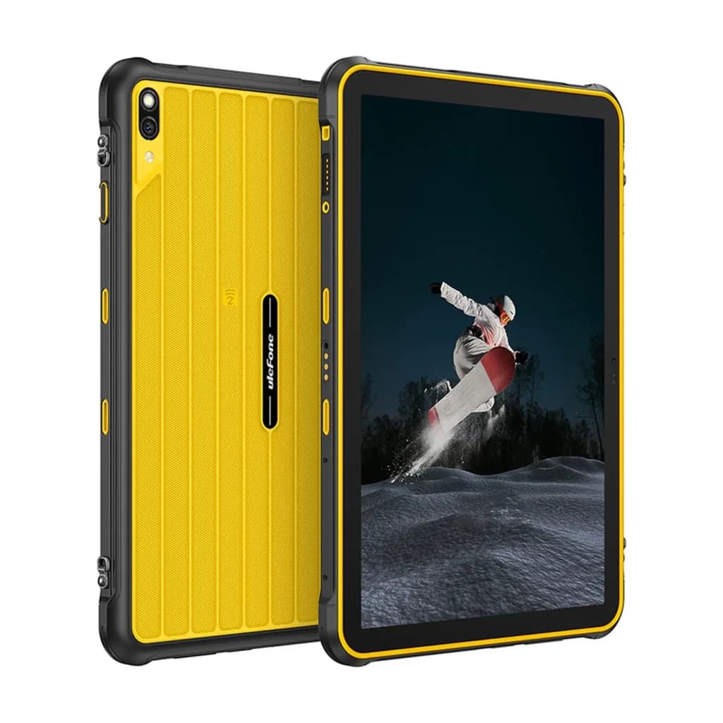 Tablette robuste jaune avec coque antichoc, bords renforcés, grand écran noir bord fin, module photo arrière 48 MP, ports latéraux et vis apparentes