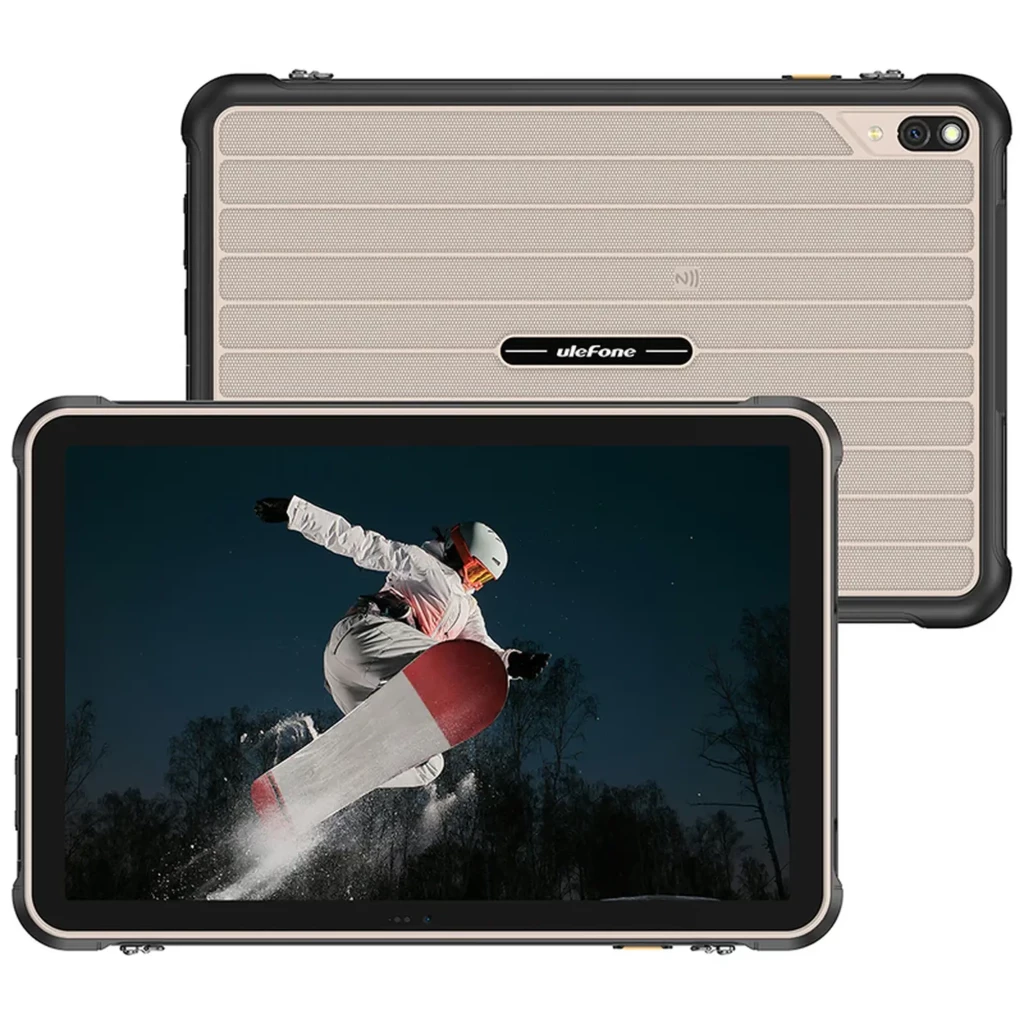 Tablette robuste noire avec coque rainurée, double caméra arrière, grand écran bord fin affichant snowboarder, ports renforcés et bords antichoc - Ítem