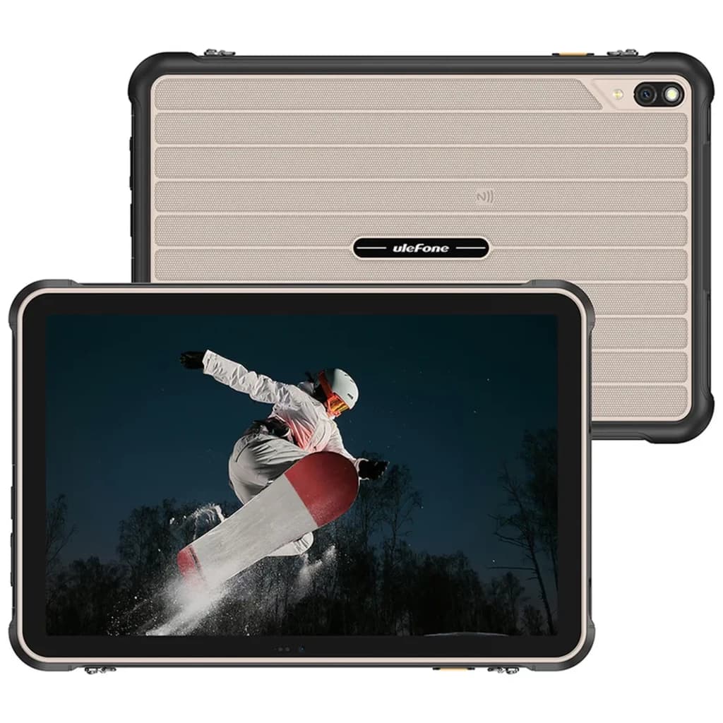 Tablette robuste noire avec coque rainurée, double caméra arrière, grand écran bord fin affichant snowboarder, ports renforcés et bords antichoc