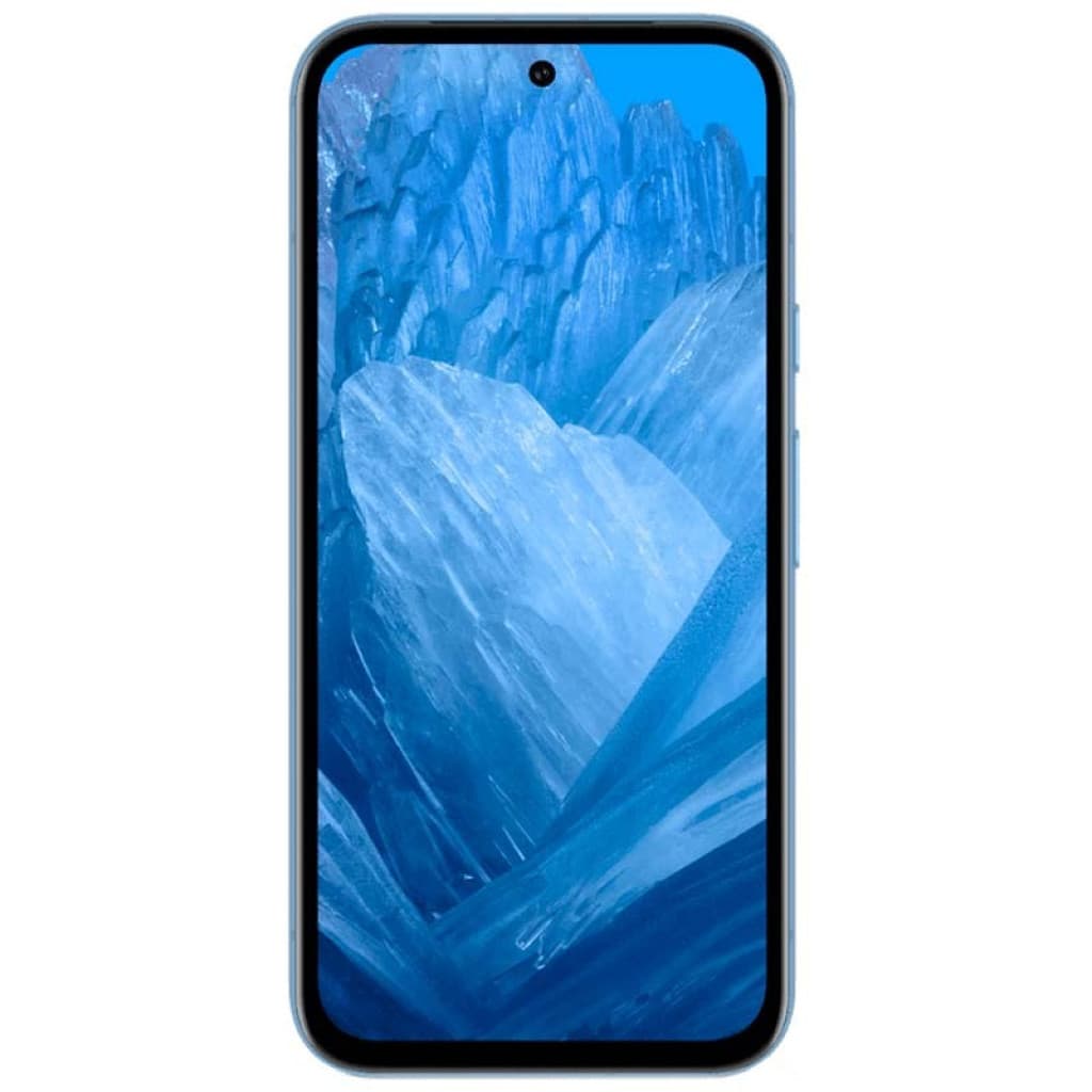 Google Pixel 8a 5G bleu, écran bord à bord avec poinçon central, bords fins et cadre arrondi bleu, état rénové excellent, 8 Go RAM 128 Go stockage