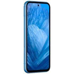 Google Pixel 8a 5G bleu rénové excellent état, écran bord à bord avec poinçon central, cadre bleu arrondi, design fin et élégant, reflets glacés sur