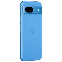 Google Pixel 8a 5G bleu rénové excellent état, dos mat avec bande caméra horizontale, double capteur noir, flash à droite, boutons latéraux discreet