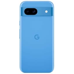 Google Pixel 8a 5G bleu rénové Excellent état vu de dos avec coque mate bleue, logo G centré, module photo horizontal noir et flash circulaire blanc