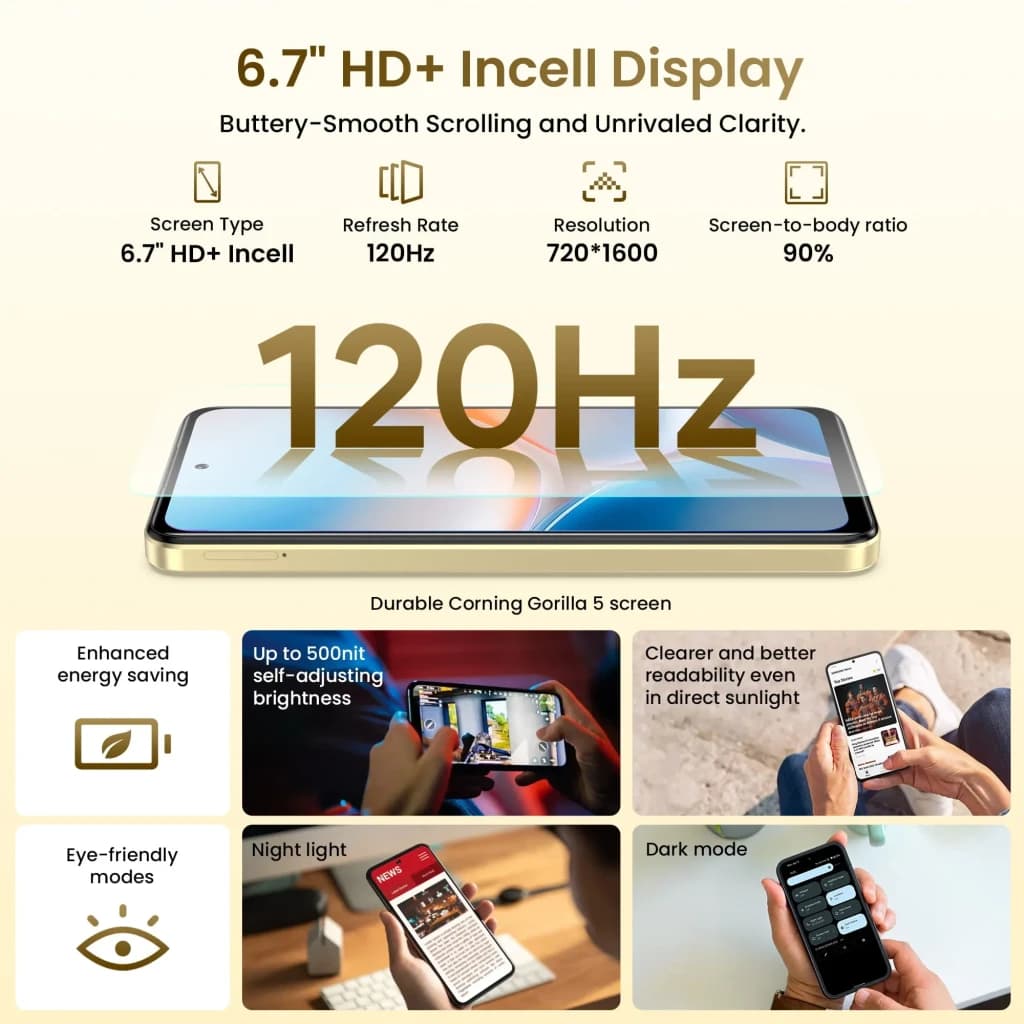 Lagenio A11 Pro 256GB Negro con pantalla 6.7" HD+ Incell 120Hz, biseles delgados y cámara frontal perforada centrada; vidrio Corning Gorilla 5 resistente