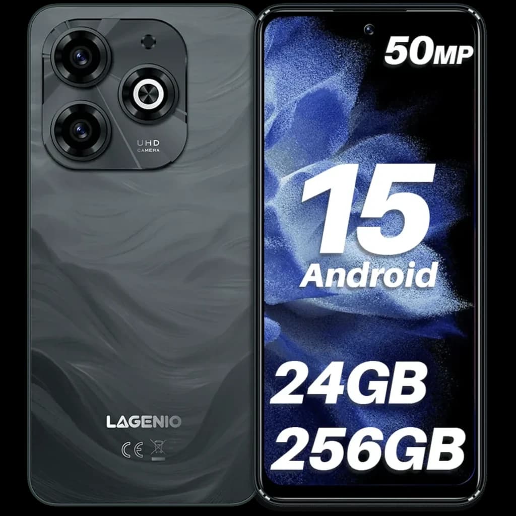 Lagenio A11 Pro negro con pantalla amplia, módulo triple de cámara trasera 50 MP, frontal en orificio, carcasa ondulada, 256GB y 8GB RAM expandible