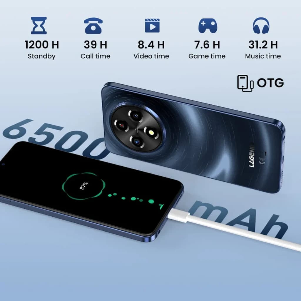 Smartphone Lagenio A12 Navy con pantalla encendida, carga OTG y batería 6500 mAh; módulo de cámara trasera circular con 4 lentes y flash.