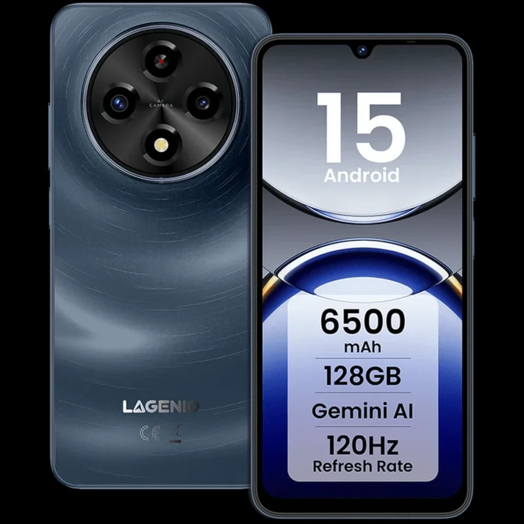 Lagenio A12 Navy con pantalla 120 Hz, batería 6500 mAh, 128 GB y 4 GB RAM; módulo trasero circular con triple cámara y frontal con notch en V