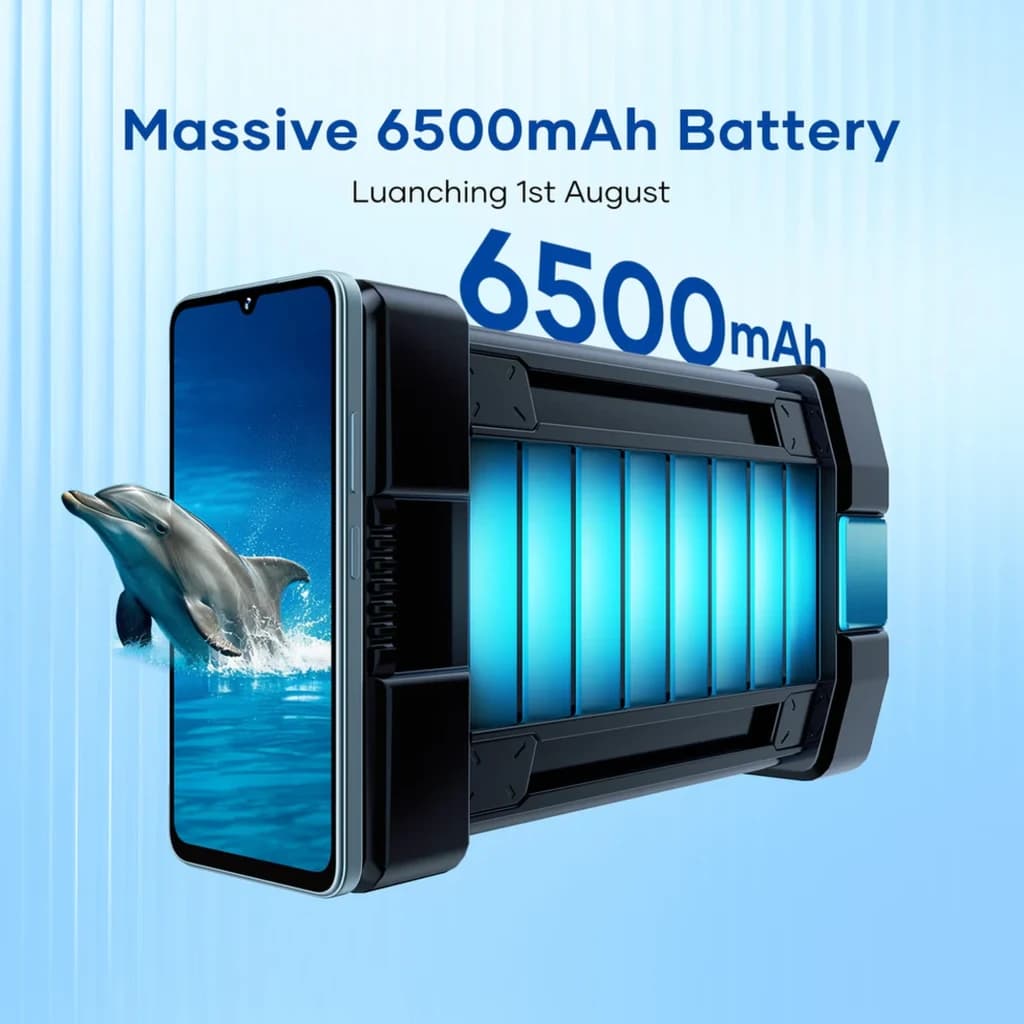 Lagenio A12 Pro blanco con pantalla 120Hz; imagen muestra gran batería 6500 mAh destacada junto a smartphone con notch centrado y bordes delgados