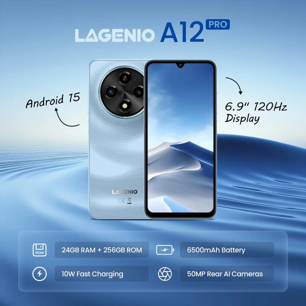 Lagenio A12 Pro blanco con pantalla 6.9 pulgadas 120Hz, módulo de cámaras traseras circular y notch en V; cuerpo claro y bordes curvos