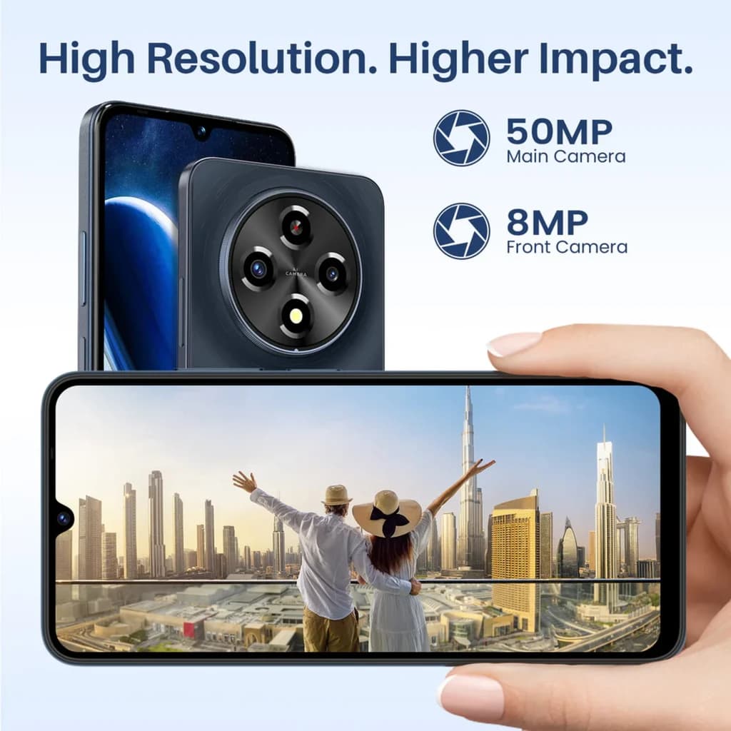 Lagenio A12 Pro blanco con pantalla 120Hz, módulo trasero circular con 4 lentes 50MP y cámara frontal 8MP, marco delgado y notch en forma de gota