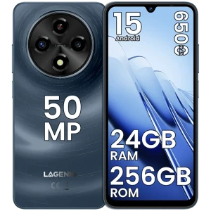 Lagenio A12 Pro Navy con módulo de cámara trasera circular 50 MP, pantalla con notch en V, bordes delgados, cuerpo azul texturizado y 256GB ROM