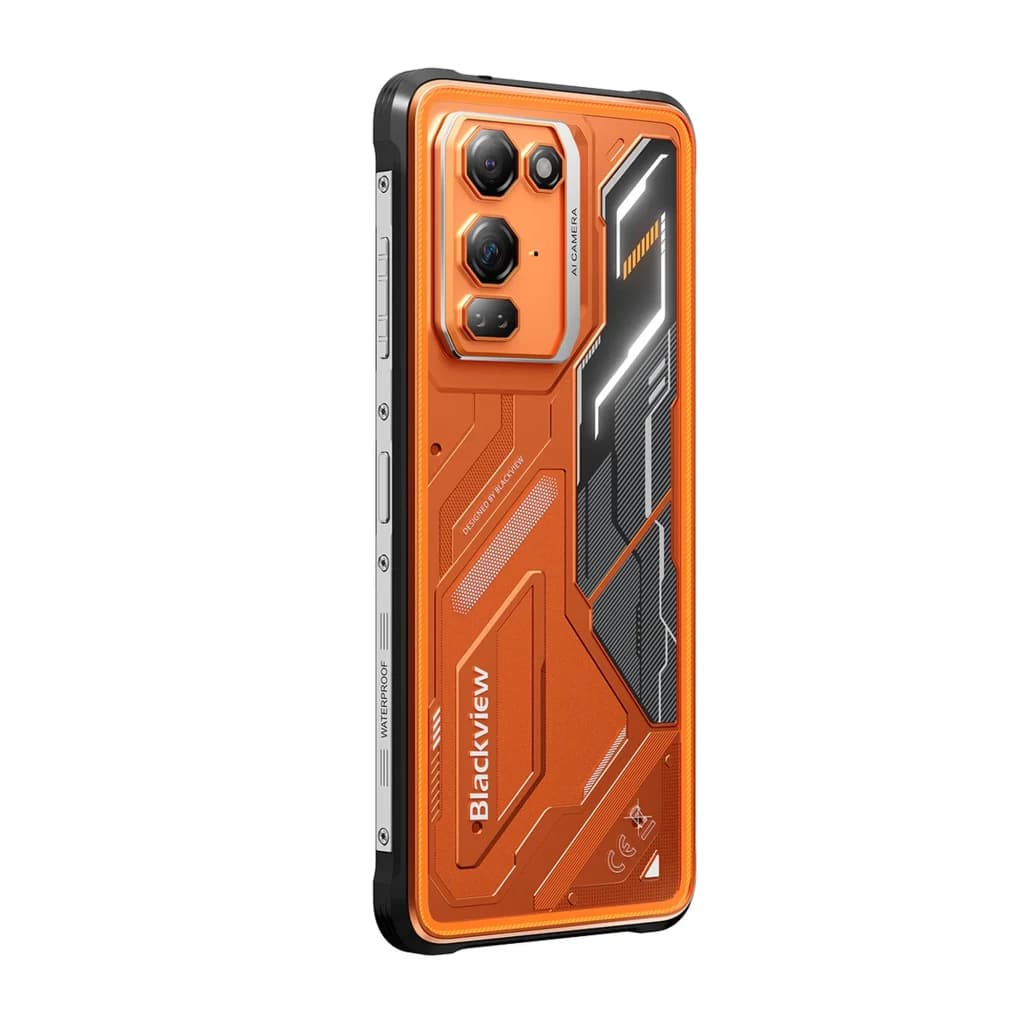 Módulo trasero del Blackview Fort 200 en naranja con triple cámara hexagonal, bordes negros robustos, textura industrial y detalles plateados y grises.