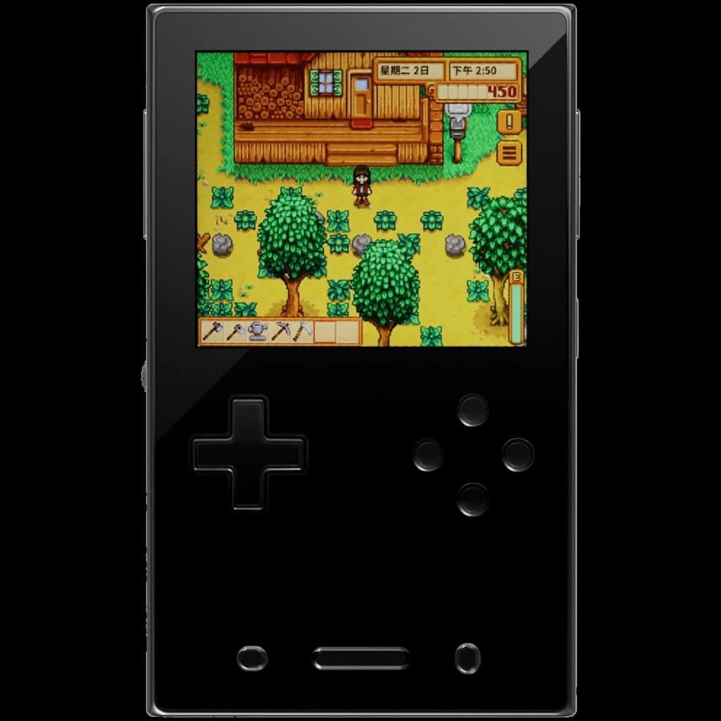 Ayaneo Pocket VERT negro, consola portátil vertical con cruceta y cuatro botones frontales, pantalla a color mostrando juego pixel art; 8GB RAM, 128GB,