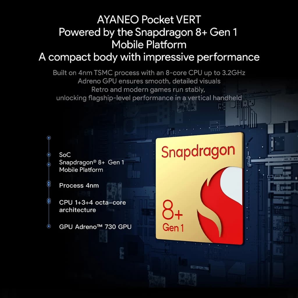 Ayaneo Pocket VERT 8GB/128GB negro con Snapdragon 8+ Gen 1, GPU Adreno 730 y CPU 8 núcleos; rendimiento fluido, retro y moderno, diseño compacto vertical