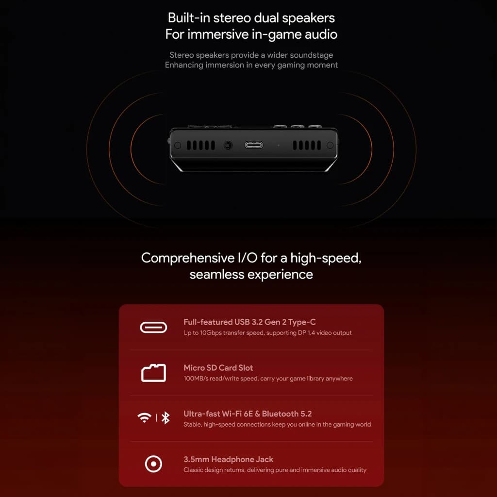 Ayaneo Pocket VERT 8GB/128GB Negro Snapdragon 8 Gen 1 con parlantes estéreo dual, USB-C 3.2, ranura microSD, Wi‑Fi 6E, Bluetooth 5.2 y jack 3.5 mm